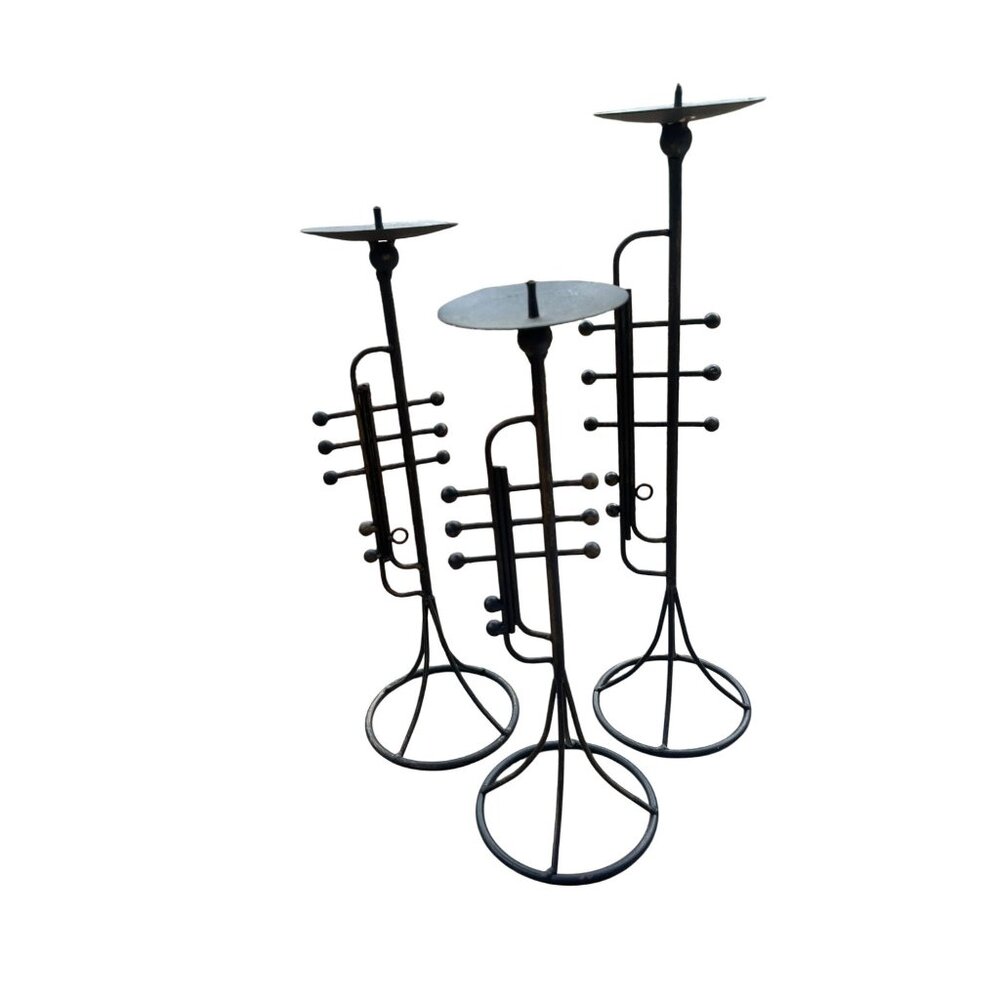 Set Of 3 Vintage Trumpet-Shaped Black Metal  Pilar Candle Holders